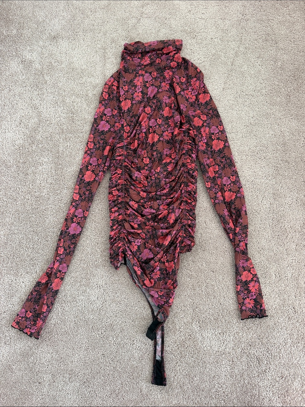 Floral Ruched Sheer Long-Sleeve Mock Neck Top Bodysuit